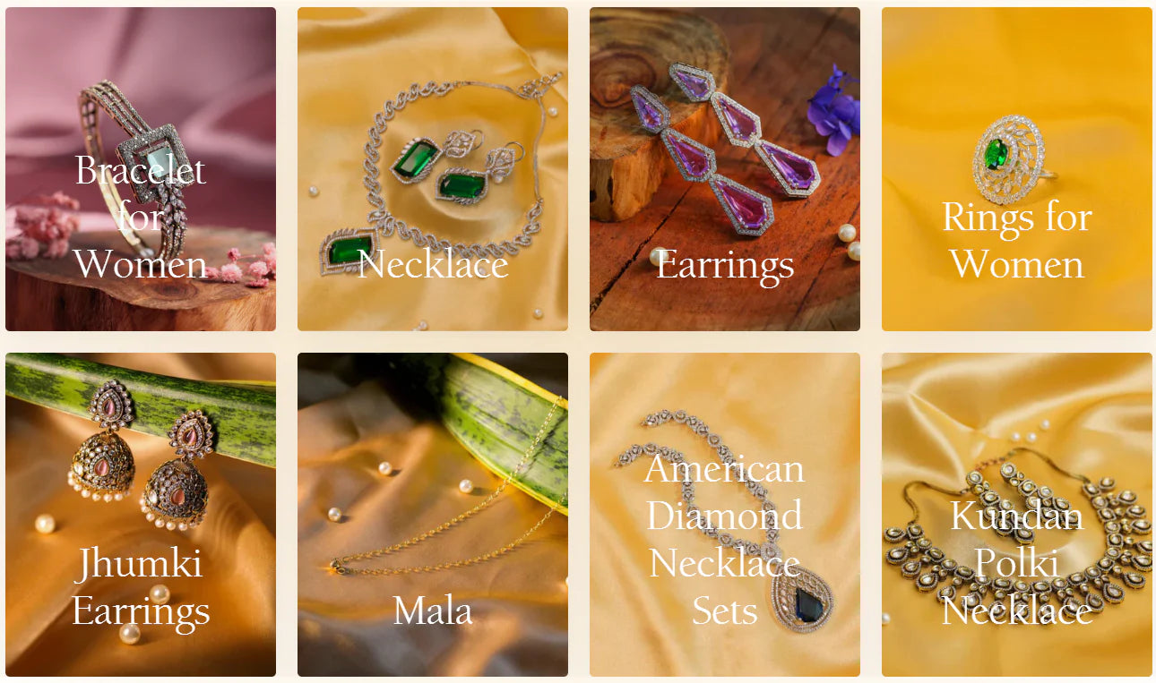 Collage of various women's jewelry including bracelets, necklaces, earrings, and rings on a yellow background.