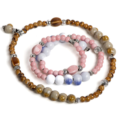 Double-Layer Crackle Ceramic Bracelet Handmade Elastic Jewelry in Purple and Yellow Beads Vintage Jewelry gifts regalo
