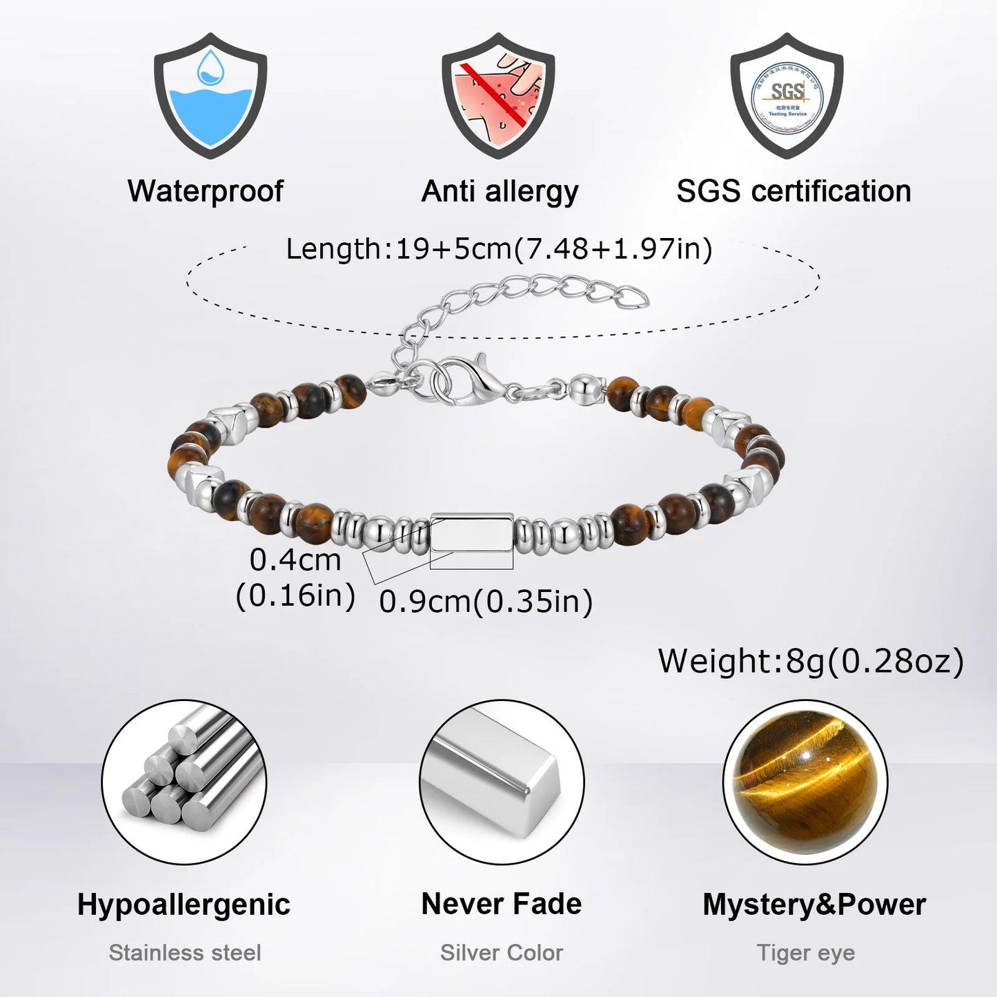 Trendy Unique Natural Stone Beaded Bracelet, Stainless Steel Chain Wristband Bracelet, Classic Tiger Eye Stone Jewelry for Men