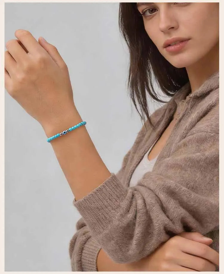 Evil Eye Bracele,  Stretch Adjustable Turquoise And Tiger's Eye Beaded Bracelets for Women, Healing Stone Luck Gift