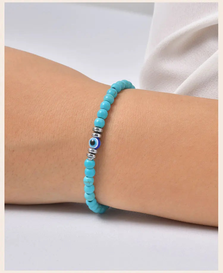 Evil Eye Bracele,  Stretch Adjustable Turquoise And Tiger's Eye Beaded Bracelets for Women, Healing Stone Luck Gift