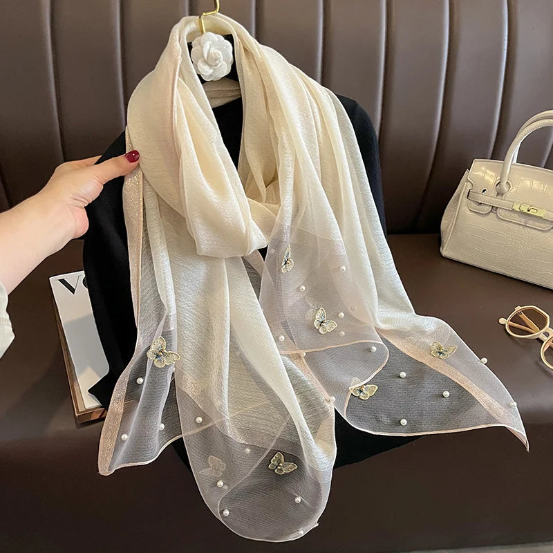 Luxury Silk Shawl Scarf for Women Design Embroidery Flowers Hijab