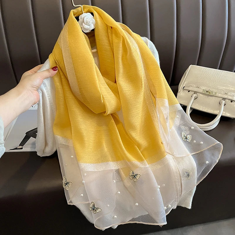 2023 Luxury Silk Shawl Scarf for Women Design Embroidery Flowers Hijab Wraps Bufandas Female Headkerchief Fouloud Echarpe