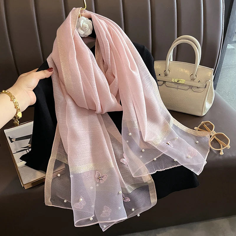 2023 Luxury Silk Shawl Scarf for Women Design Embroidery Flowers Hijab Wraps Bufandas Female Headkerchief Fouloud Echarpe