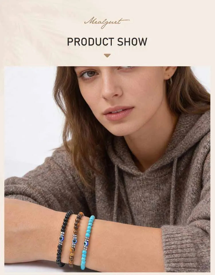 Evil Eye Bracele,  Stretch Adjustable Turquoise And Tiger's Eye Beaded Bracelets for Women, Healing Stone Luck Gift