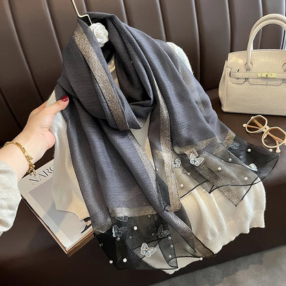 Luxury Silk Shawl Scarf for Women Design Embroidery Flowers Hijab