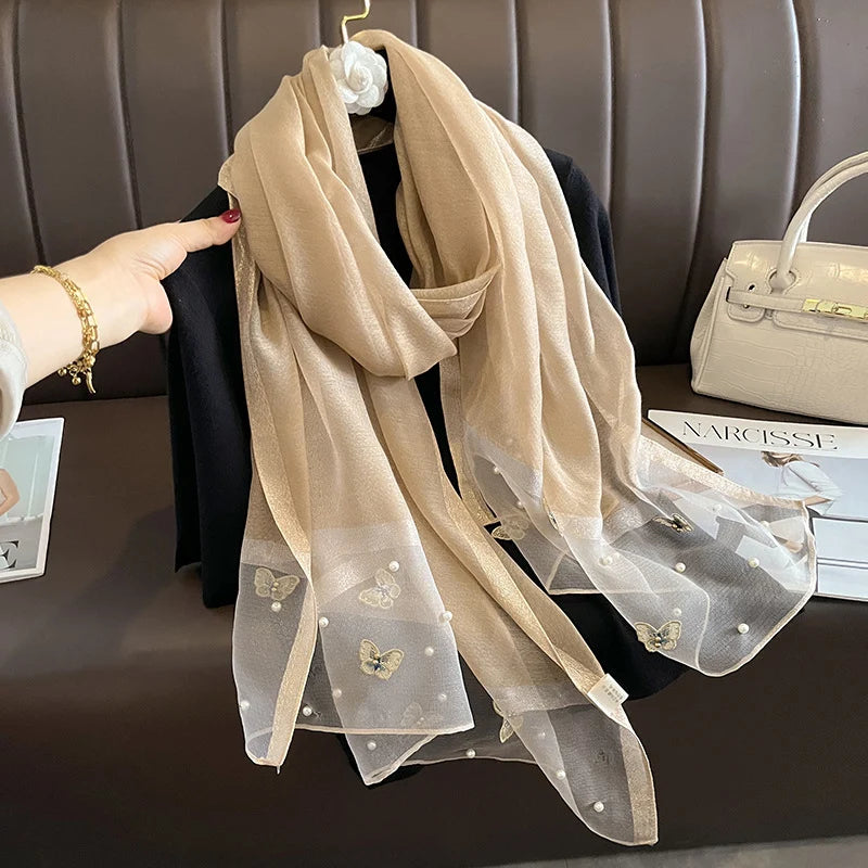2023 Luxury Silk Shawl Scarf for Women Design Embroidery Flowers Hijab Wraps Bufandas Female Headkerchief Fouloud Echarpe