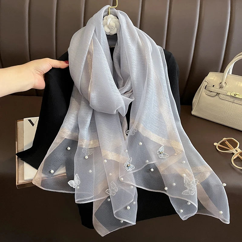 2023 Luxury Silk Shawl Scarf for Women Design Embroidery Flowers Hijab Wraps Bufandas Female Headkerchief Fouloud Echarpe