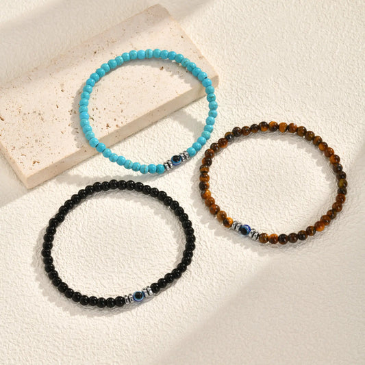 Evil Eye Bracele,  Stretch Adjustable Turquoise And Tiger's Eye Beaded Bracelets for Women, Healing Stone Luck Gift