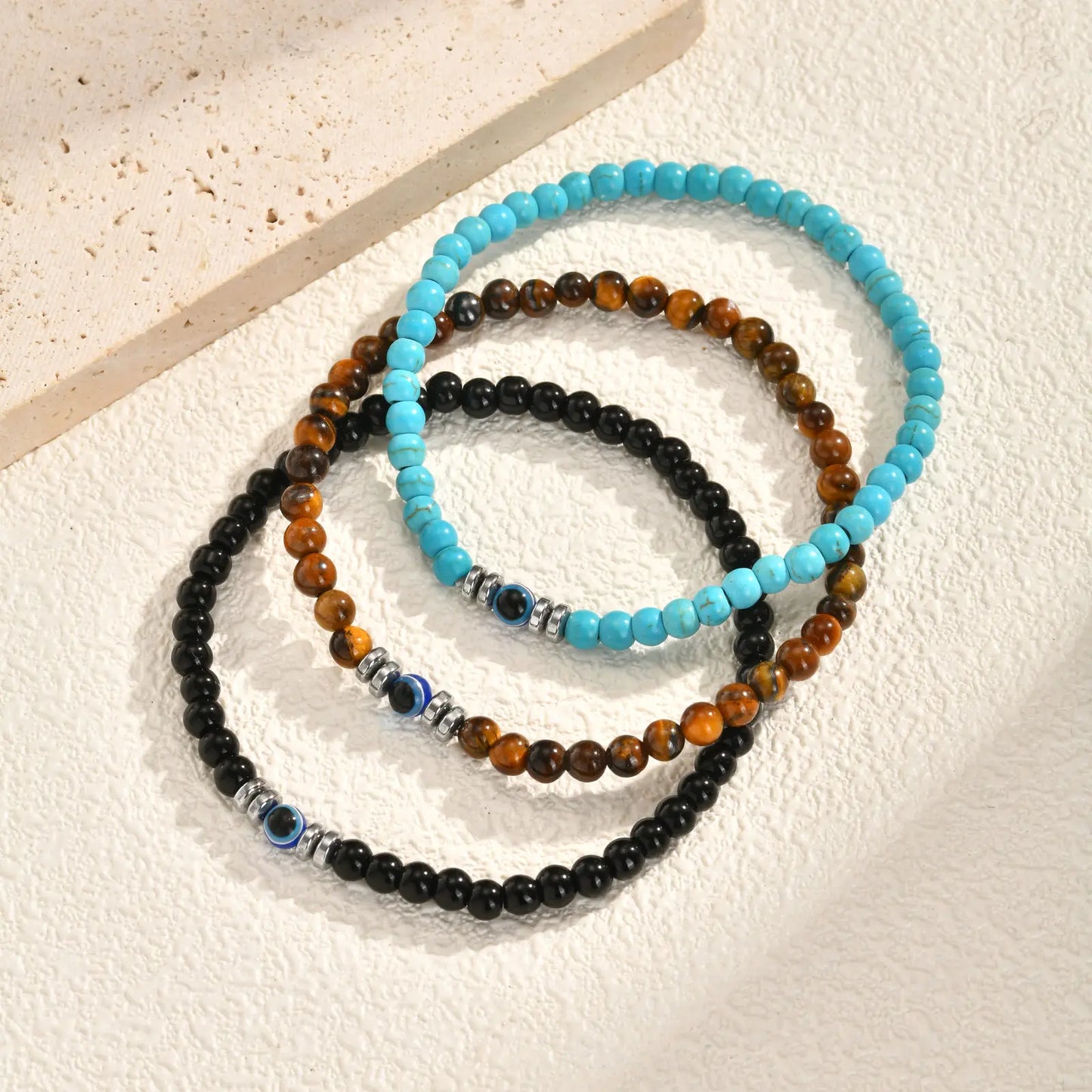 Evil Eye Bracele,  Stretch Adjustable Turquoise And Tiger's Eye Beaded Bracelets for Women, Healing Stone Luck Gift