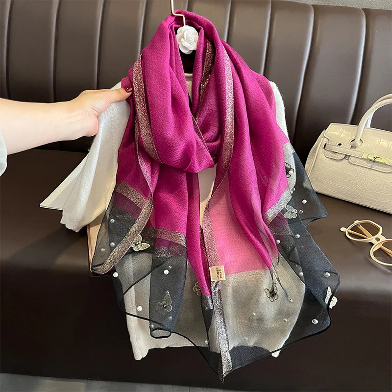 2023 Luxury Silk Shawl Scarf for Women Design Embroidery Flowers Hijab Wraps Bufandas Female Headkerchief Fouloud Echarpe