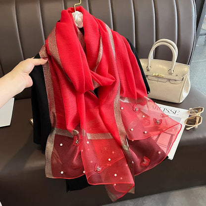 Luxury Silk Shawl Scarf for Women Design Embroidery Flowers Hijab