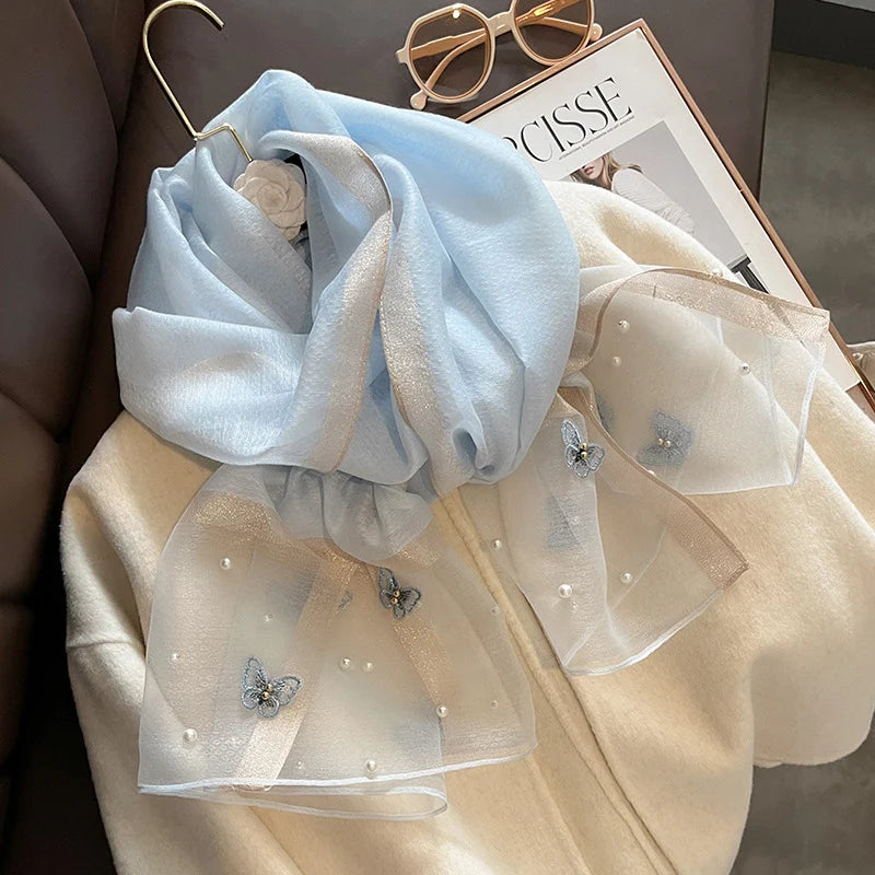 Luxury Silk Shawl Scarf for Women Design Embroidery Flowers Hijab