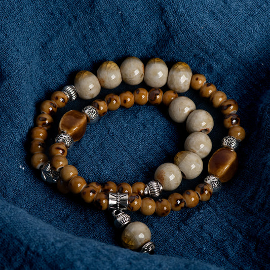 Double-Layer Crackle Ceramic Bracelet Handmade Elastic Jewelry in Purple and Yellow Beads Vintage Jewelry gifts regalo