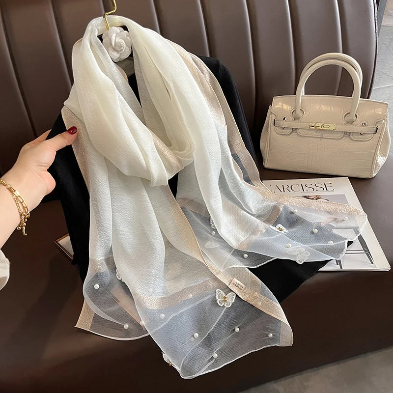 Luxury Silk Shawl Scarf for Women Design Embroidery Flowers Hijab