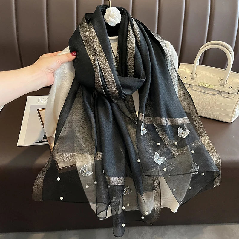 2023 Luxury Silk Shawl Scarf for Women Design Embroidery Flowers Hijab Wraps Bufandas Female Headkerchief Fouloud Echarpe
