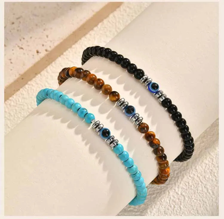 Evil Eye Bracele,  Stretch Adjustable Turquoise And Tiger's Eye Beaded Bracelets for Women, Healing Stone Luck Gift