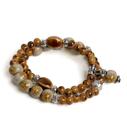 Double-Layer Crackle Ceramic Bracelet Handmade Elastic Jewelry in Purple and Yellow Beads Vintage Jewelry gifts regalo