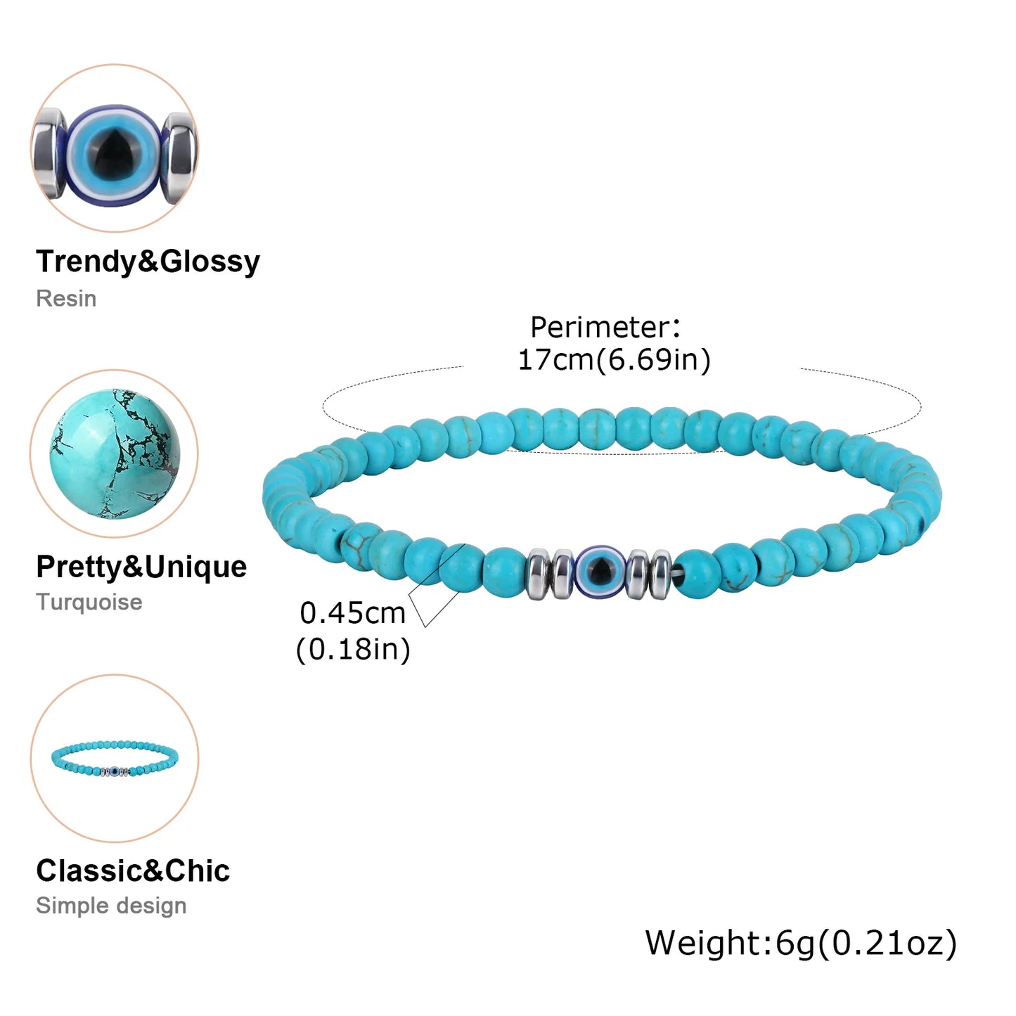 Evil Eye Bracele,  Stretch Adjustable Turquoise And Tiger's Eye Beaded Bracelets for Women, Healing Stone Luck Gift