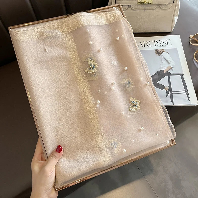 Luxury Silk Shawl Scarf for Women Design Embroidery Flowers Hijab