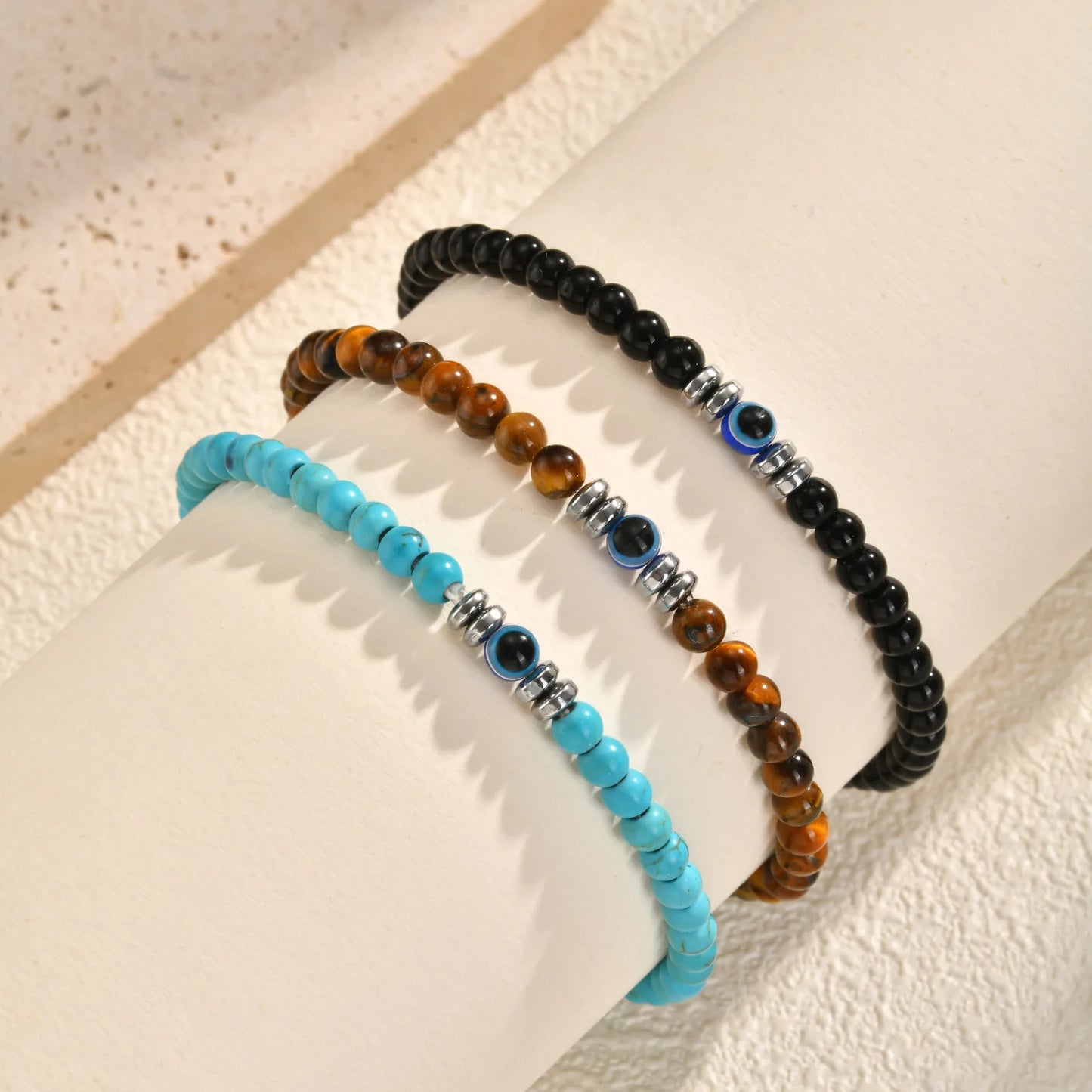 Evil Eye Bracele,  Stretch Adjustable Turquoise And Tiger's Eye Beaded Bracelets for Women, Healing Stone Luck Gift