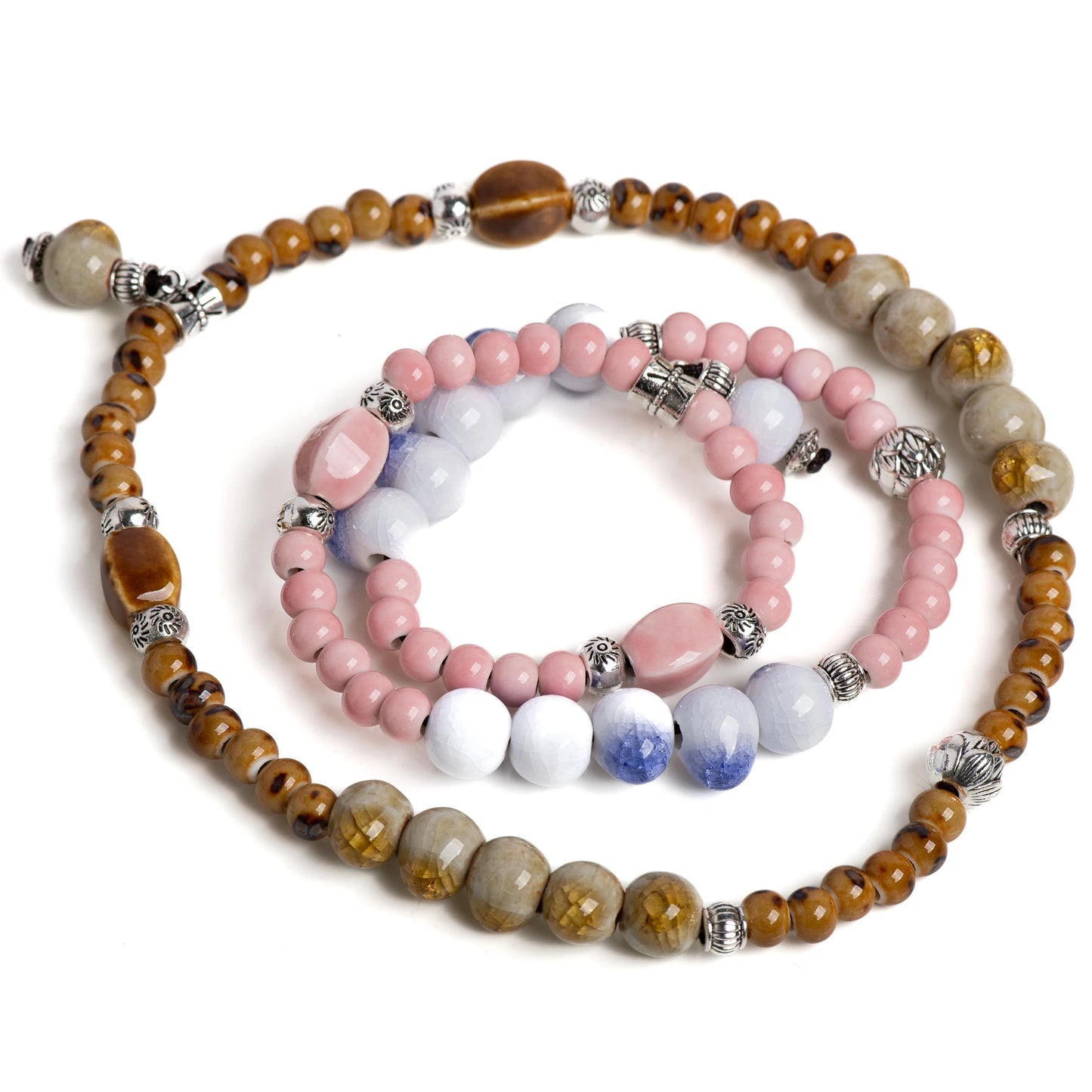 Double-Layer Crackle Ceramic Bracelet Handmade Elastic Jewelry in Purple and Yellow Beads Vintage Jewelry gifts regalo