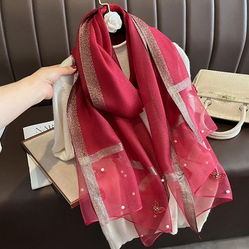 2023 Luxury Silk Shawl Scarf for Women Design Embroidery Flowers Hijab Wraps Bufandas Female Headkerchief Fouloud Echarpe