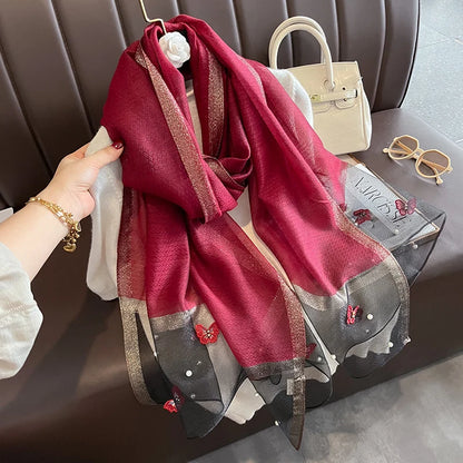 Luxury Silk Shawl Scarf for Women Design Embroidery Flowers Hijab