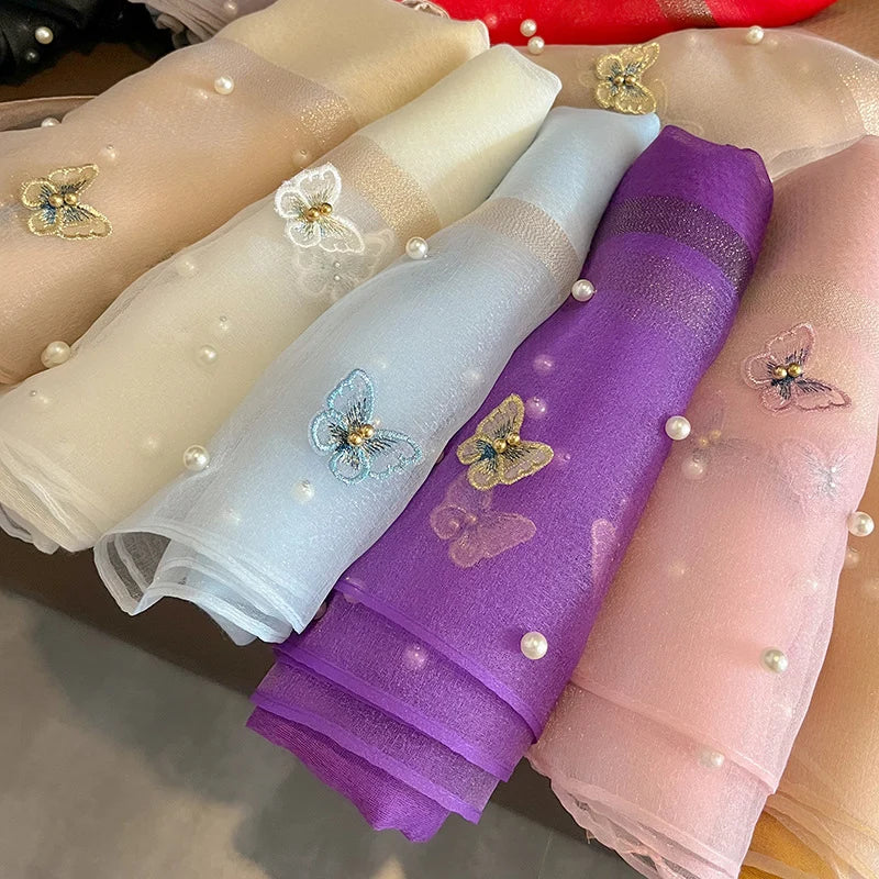 Luxury Silk Shawl Scarf for Women Design Embroidery Flowers Hijab