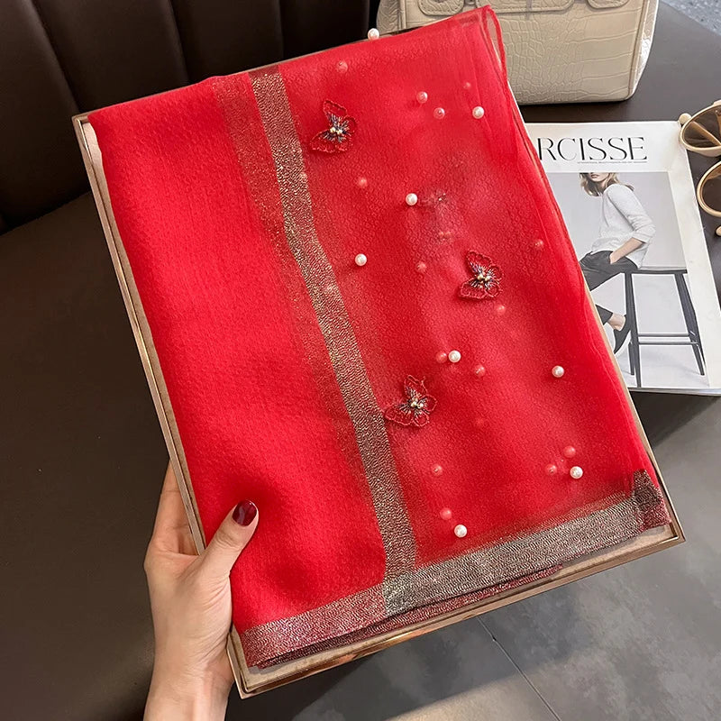 Luxury Silk Shawl Scarf for Women Design Embroidery Flowers Hijab