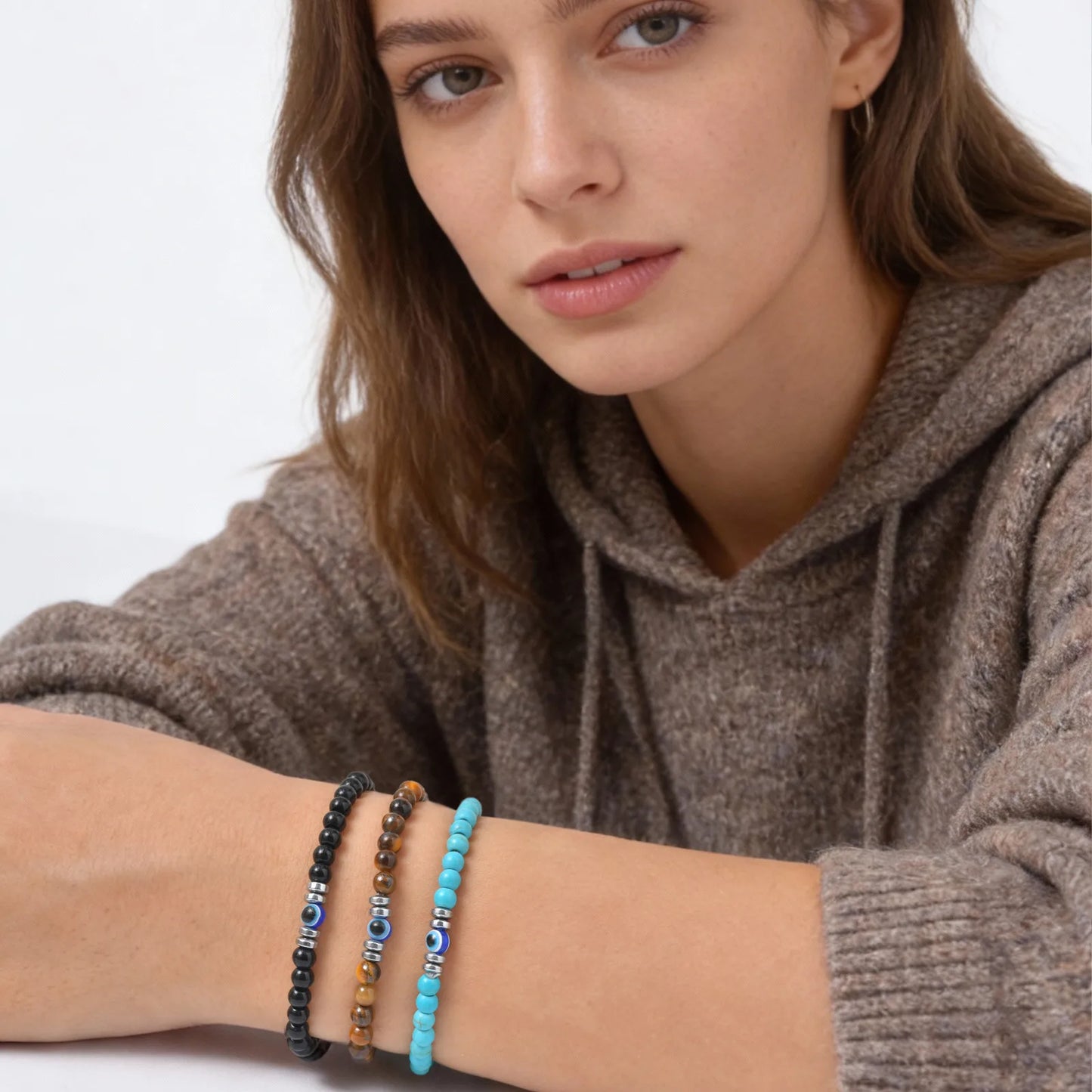 Evil Eye Bracele,  Stretch Adjustable Turquoise And Tiger's Eye Beaded Bracelets for Women, Healing Stone Luck Gift