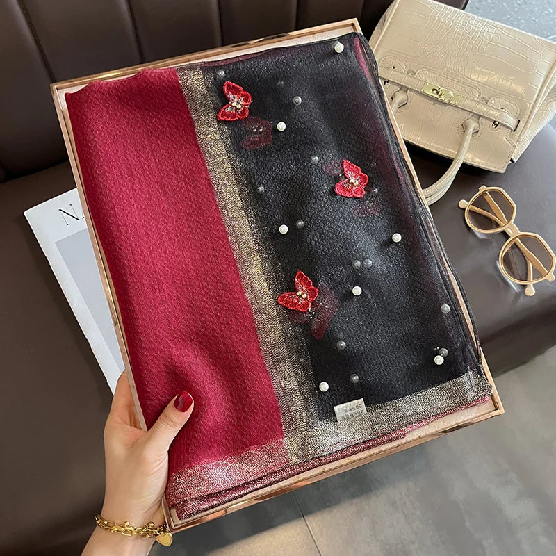 2023 Luxury Silk Shawl Scarf for Women Design Embroidery Flowers Hijab Wraps Bufandas Female Headkerchief Fouloud Echarpe