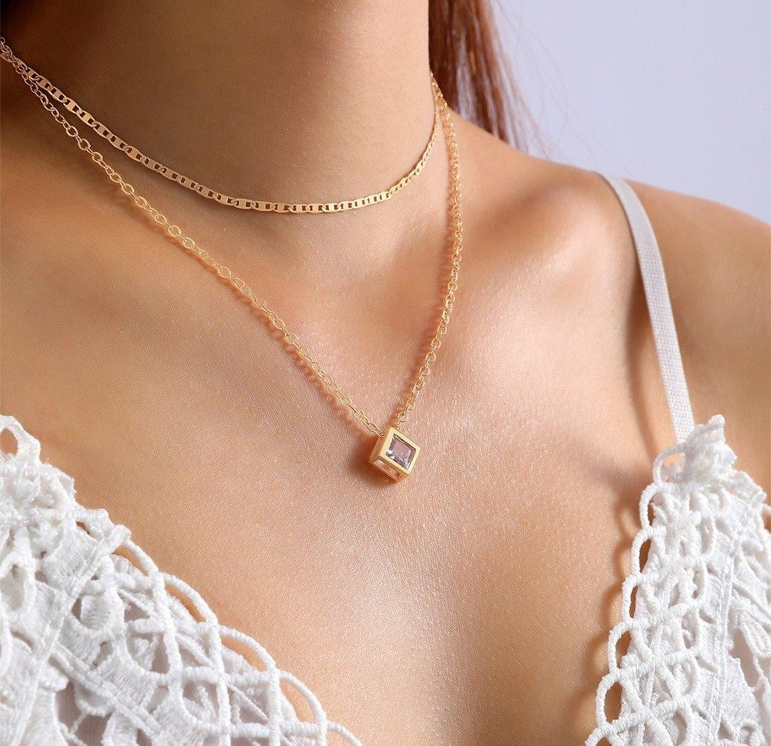 Square Box Pendant with Double Chain