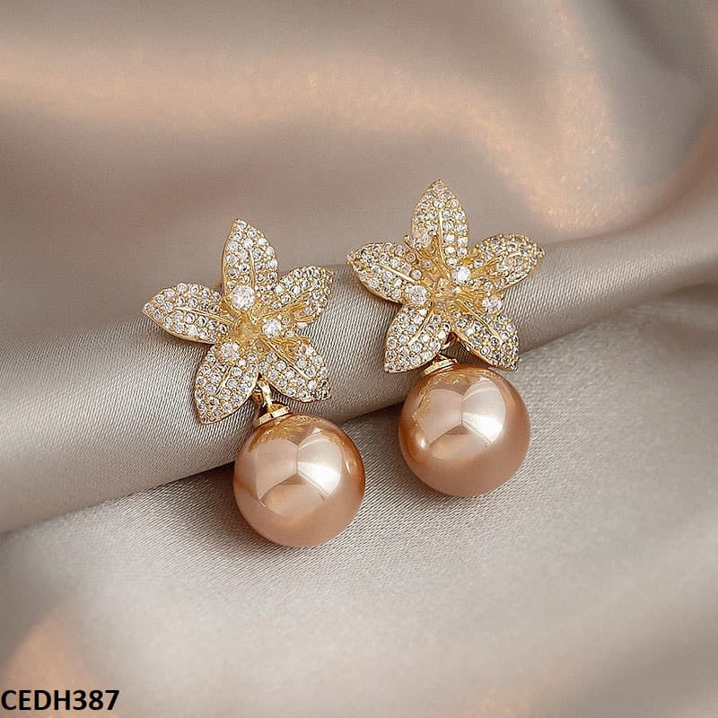 Flower Shinning Pearl Drop Earrings Pair