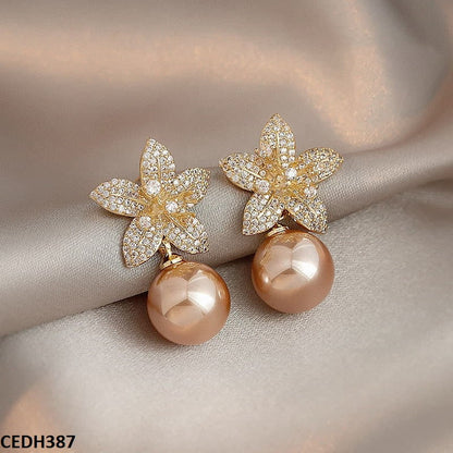Flower Shinning Pearl Drop Earrings Pair